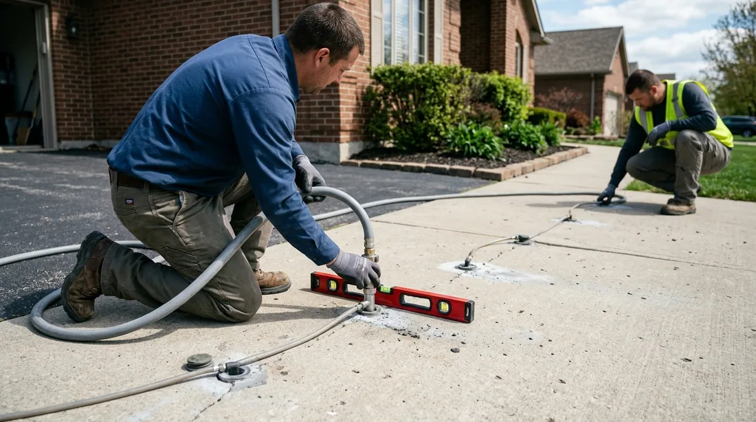 Material is pumped in stages while the slab is monitored with a level — Erie, PA