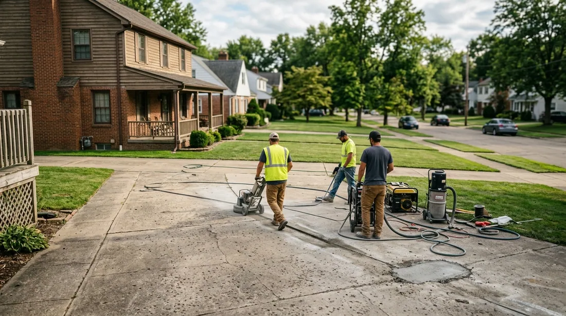 A small professional crew working on a concrete leveling job at a property, seen from behind and at — Erie, PA